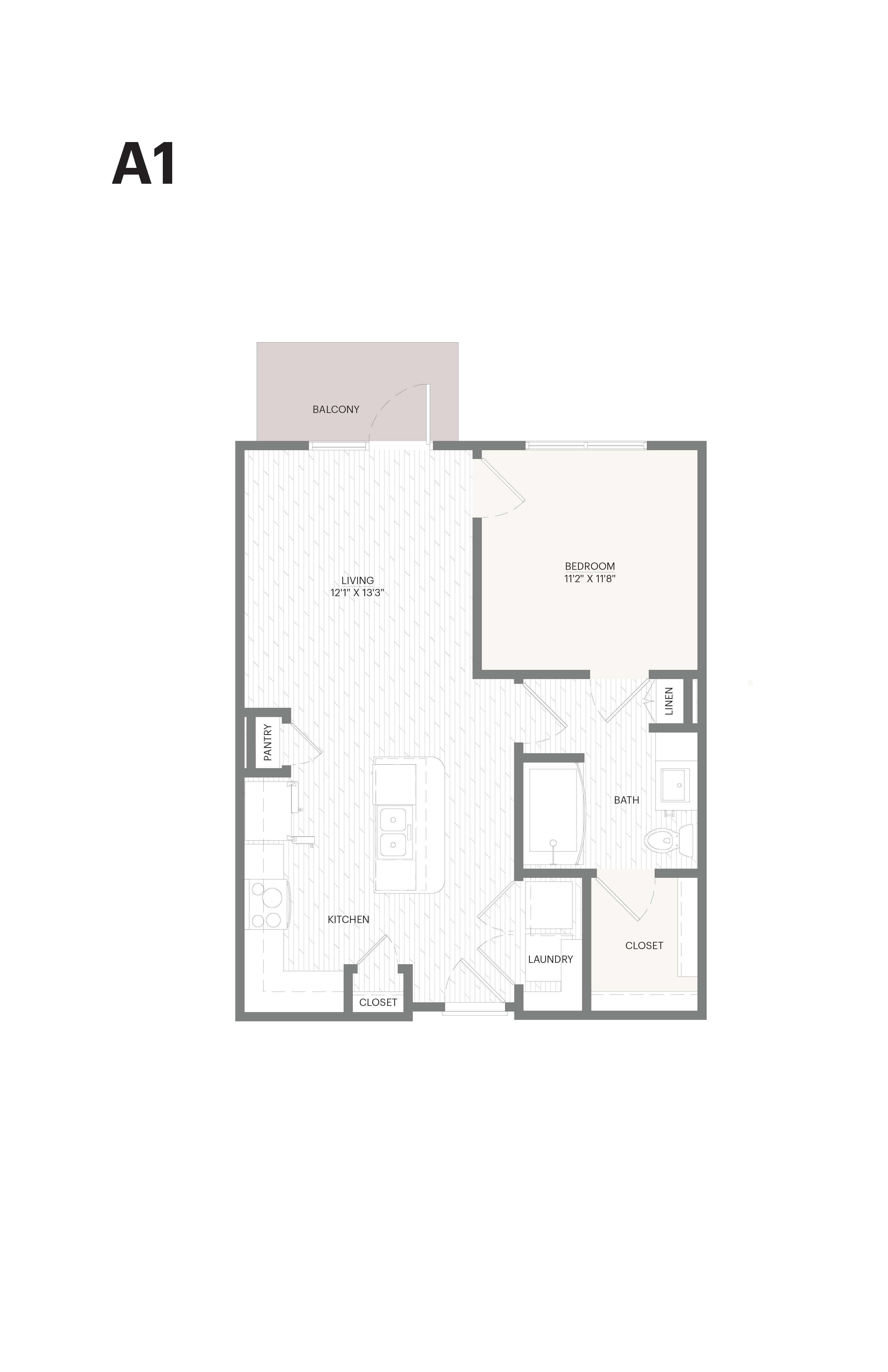 Floor plan for 1 bed, 1 bath, 667 sqft